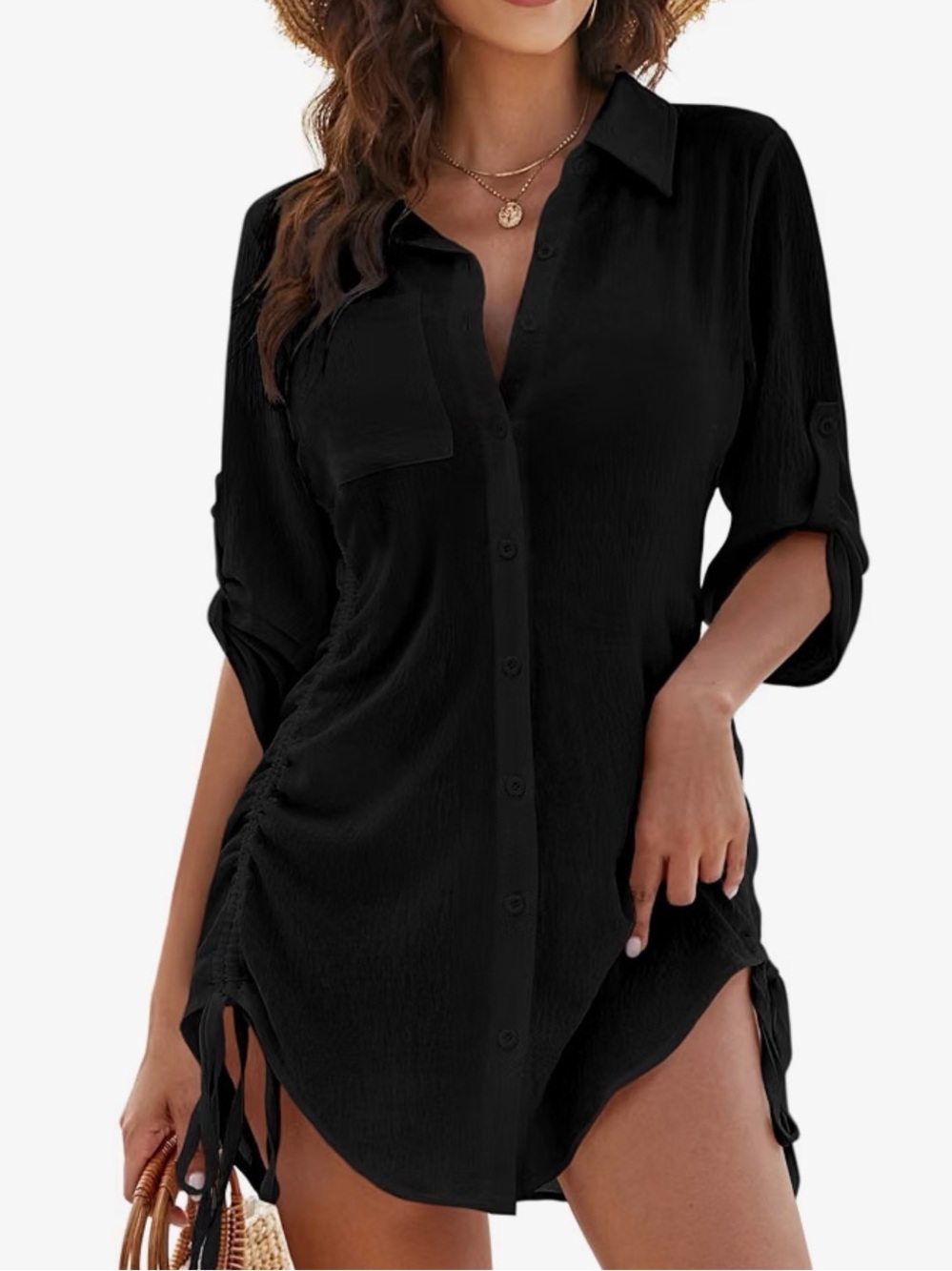 Black Button-Front Swim Cover-Up Tunic with Side Ruching